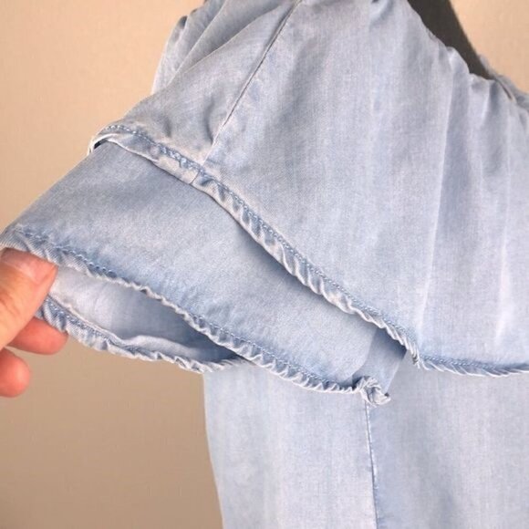 MNG Mango Blouse Off-the-shoulder Chambray Tiered Ruffle Short Sleeve Jean  XS - Picture 7 of 14